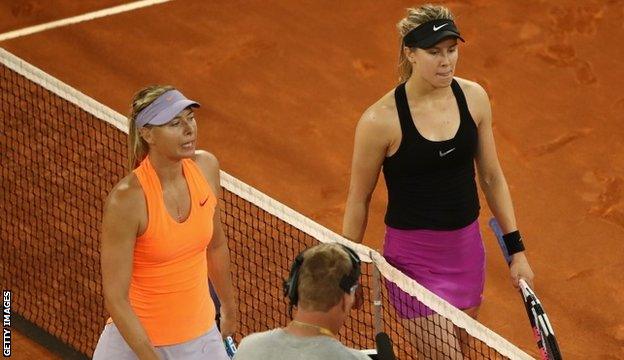 Maria Sharapova and Eugenie Bouchard leave the court