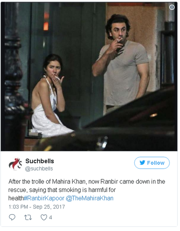 Image of Pakistani actress Mahira Khan and her co-star Ranbir Kapoor smoking