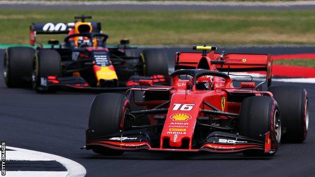 Ferrari's Charles Leclerc leads Red Bull's Max Verstappen during the British Grand Prix