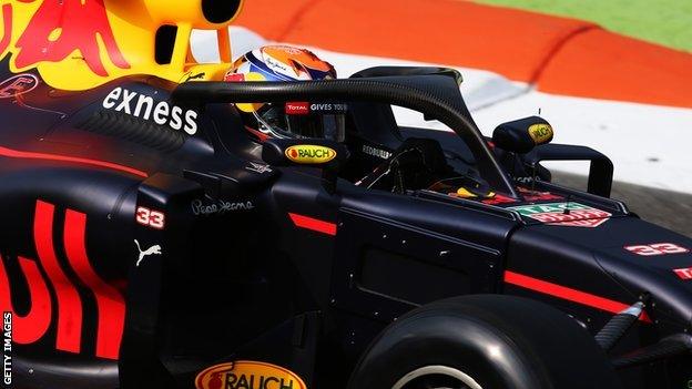 Red Bull's Max Verstappen testing his car fitted with the halo