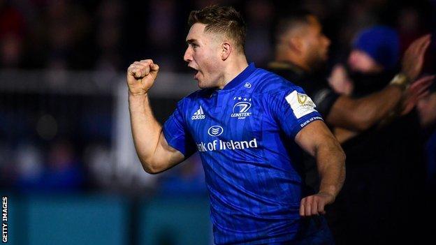 Jordan Larmour celebrates his try