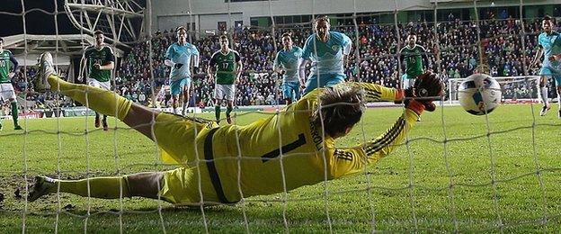 Roy Carroll stretches to save Milivoje Novakovic's penalty at Windsor Park