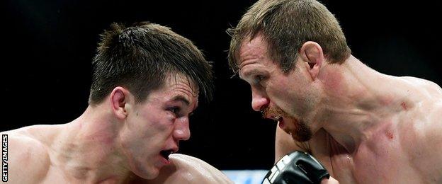 Donald 'Cowboy' Cerrone (right) fights against Alex Hernandez during their lightweight fight at UFC Fight Night at Barclays Center in January 2019 in New York City