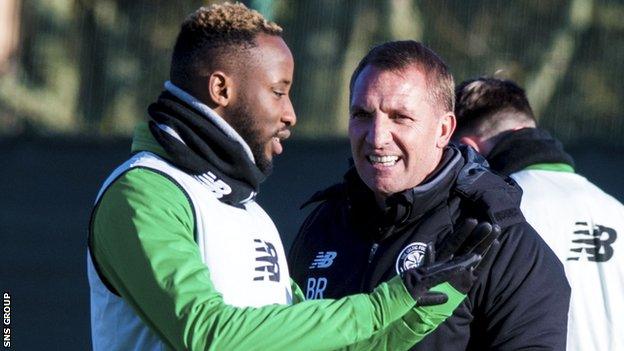 Celtic manager Brendan Rodgers in conversation with Moussa Dembele