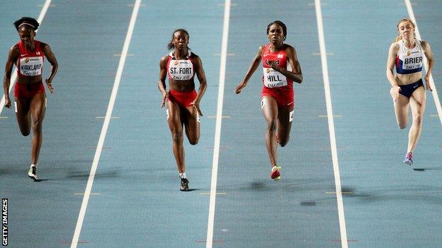 Jayla Kirkland of the USA, Khalifa St. Fort of Trinidad And Tobago, Candace Hill of the USA and Hannah Brier of Great Britain in action