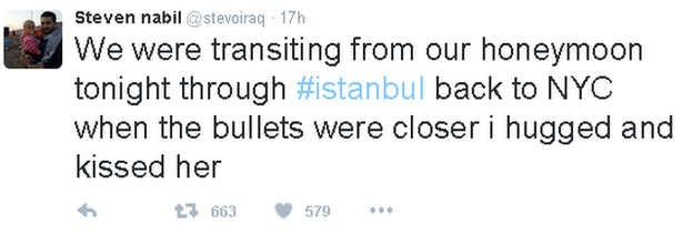 Tweet reads: We were transiting from our honeymoon tonight through #istanbul back to NYC when the bullets were closer i hugged and kissed her