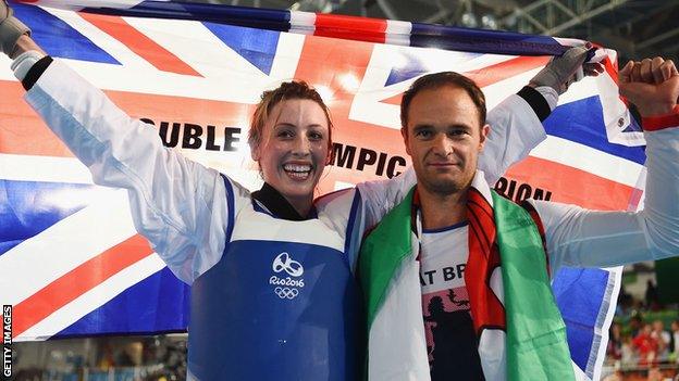 Jade Jones and her coach Paul Green celebrate after the Welsh fighter won taekwondo gold at the 2016 Olympics in Rio