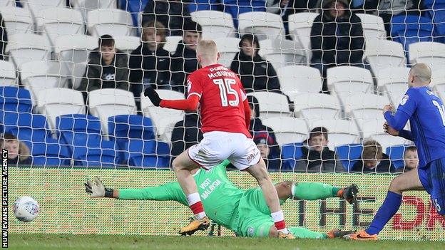 One of Oli McBurnie's nine goals for Barnsley came in their 2-1 defeat at Cardiff City in March