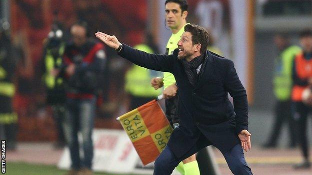 Sacked Roma boss Eusebio di Francesco gestures during his side's Serie A defeat by rivals Lazio