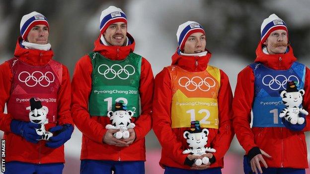 Norway's Daniel Andre Tande, Andreas Stjernen, Johann Andre Forfang and Robert Johansson