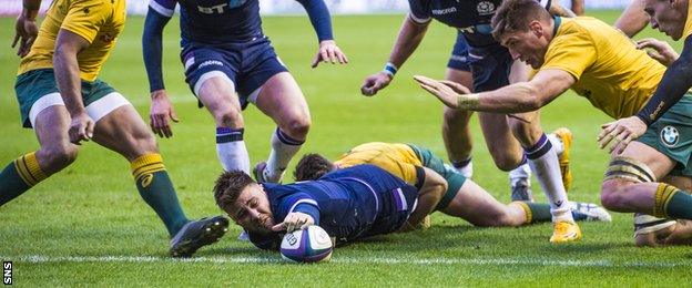 Ali Price stretches to score for Scotland against Australia