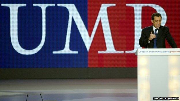 A file photo taken on November 28, 2004 shows former French President Nicolas Sarkozy, leader of the opposition Union for a Popular Movement (UMP), addressing a party congress in Le Bourget, outside Paris