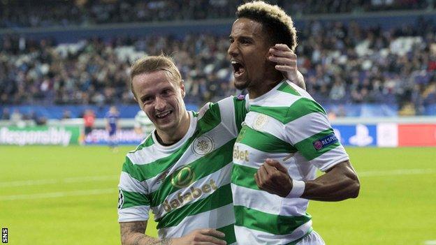 Leigh Griffiths congratulates Celtic team-mate Scott Sinclair on his late goal in Brussels