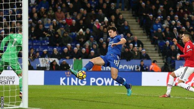 Harry Maguire (centre) scores for Leicester against Manchester United