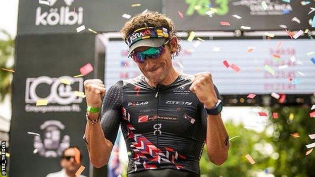 Tim Don celebrates winning the Ironman 70.3 in Costa Rica