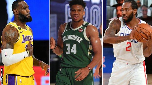 LeBron James (left), Giannis Antetokounmpo (centre) and Kawhi Leonard