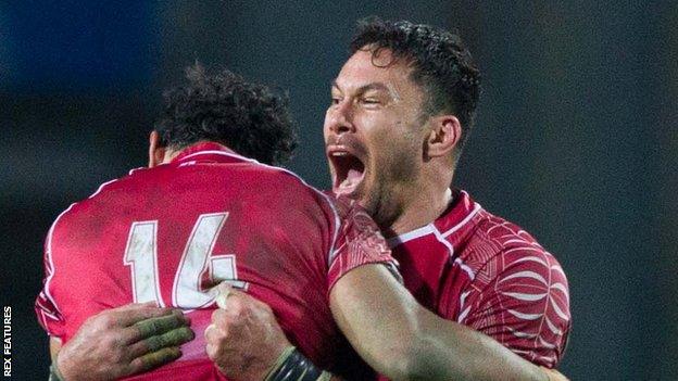 Tonga celebrate beating Italy in November, 2016