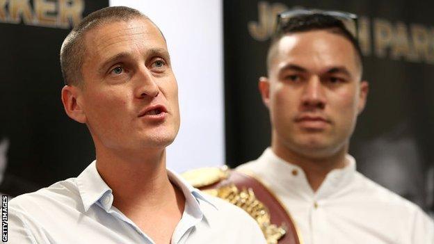 David Higgins (left) says Joseph Parker has gained an edge over Anthony Joshua