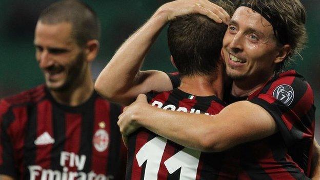 AC Milan celebrate scoring against Shkendija