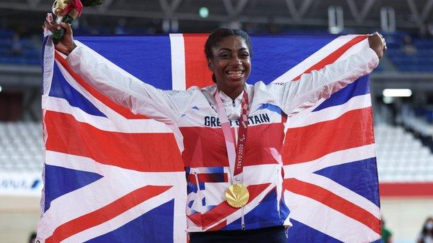 Kadeena Cox celebrates her Cycling Olympic gold