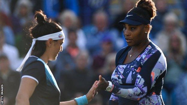 Ons Jabeur and Serena Williams during their Eastbourne doubles match