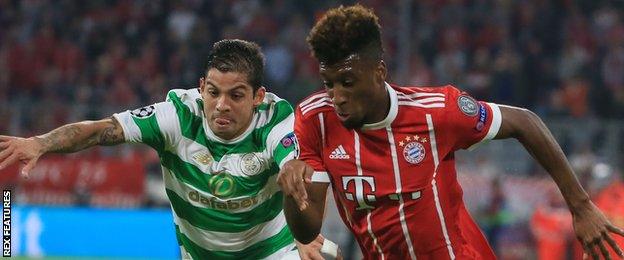 Celtic's Cristian Gamboa and Bayern Munich's Kingsley Coman