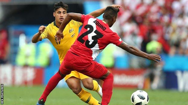 Daniel Arzani in action for Australia against Peru and the World Cup finals