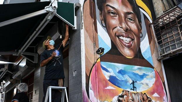 A mural of Yulimar Rojas in the Venezuelan capital Caracas