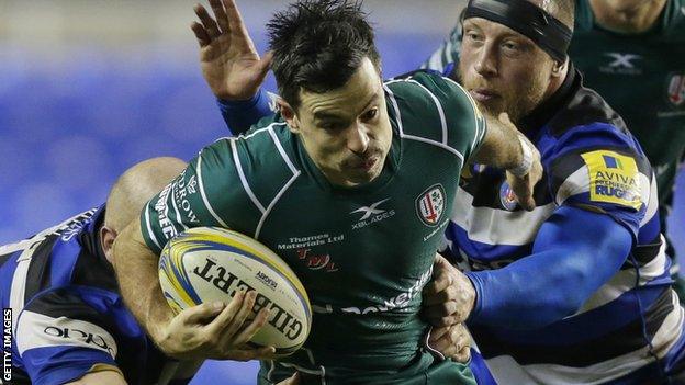 London Irish back James Marshall on the attack against Bath