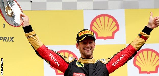 Romain Grosjean on the podium during the Belgium Grand Prix in 2015