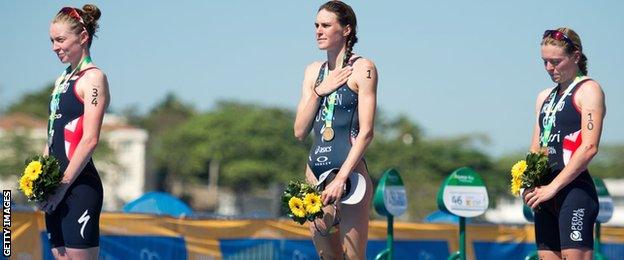 Non Stanford (left) on the podium with Gwen Jorgenson and