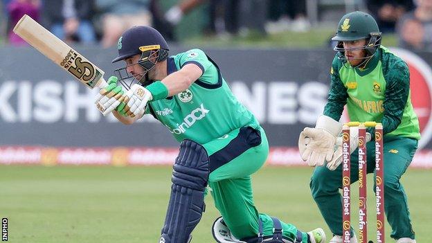 Irish captain Andrew Balbirnie gets a shot away in his 65 off 79 balls against South Africa