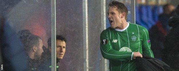 Celtic's Kris Commons shows his disappointment at being substituted