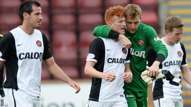 Dundee United celebrate after Saturday's 2-0 win at Motherwell