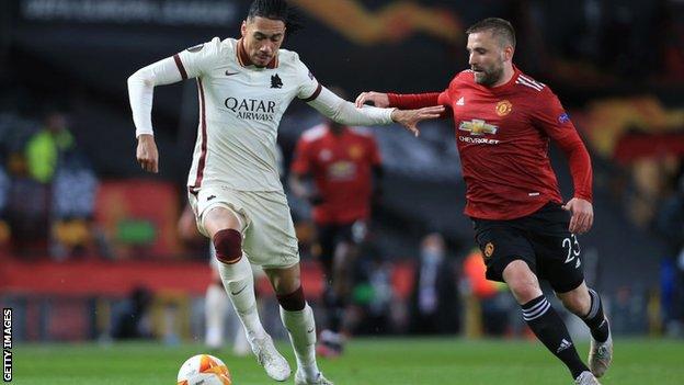 Chris Smalling and Luke Shaw in action as Roma faced Man Utd in Europa League semi-final