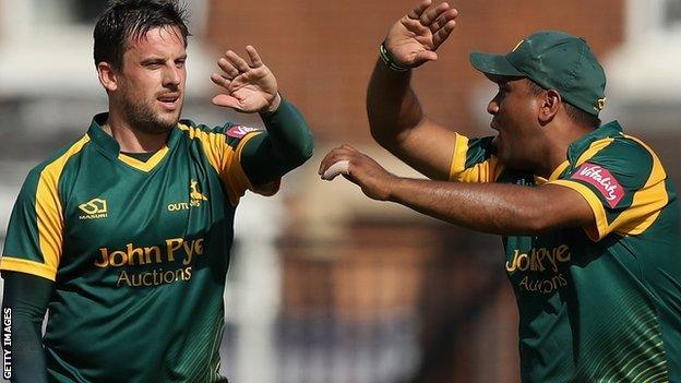 Steven Mullaney and Samit Patel celebrate for Notts Outlaws