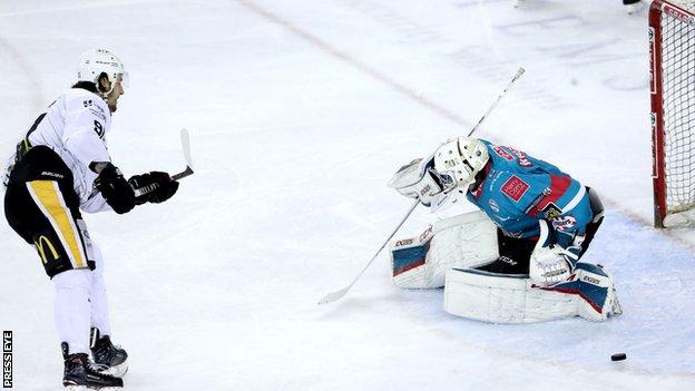 Jackson Whistle saves Raphael Bussieres shot with 12 minutes left