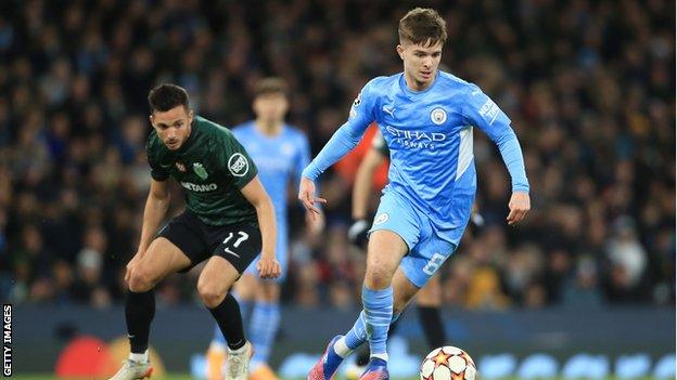 James McAtee playing for Manchester City