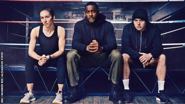 Idris Elba with boxing coaches Rachel Bower (left) and Greg White (right).