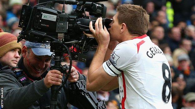 Steven Gerrard celebrated scoring a penalty against Man Utd in 2009 with a kiss to the camera