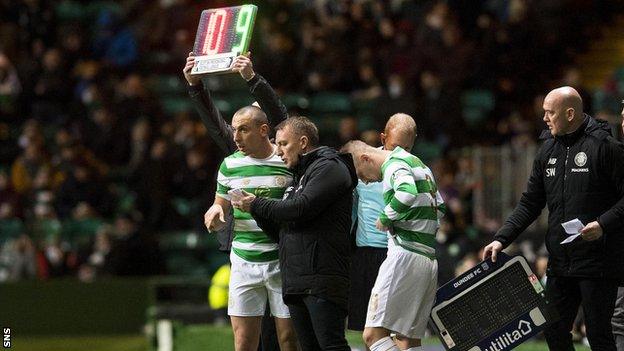 Brendan Rodgers issues Scott Brown and Leigh Griffiths with instructions in the Celtic technical area