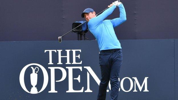 Rory McIlroy tees off at the first hole during Open practice at Royal Portrush