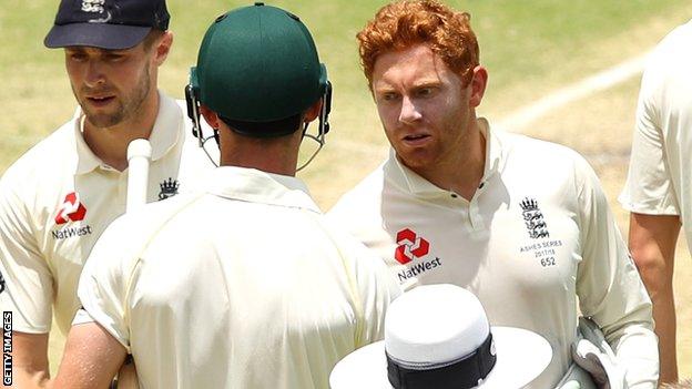 Jonny Bairstow and Cameron Bancroft shake hands after Australia's win in the first Test