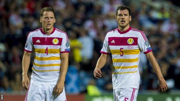 Scotland team-mates Christophe Berra and Gordon Greer (right) in action against Gibraltar