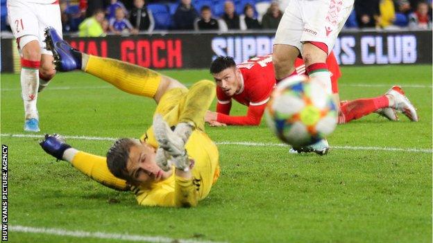 Forward Kieffer Moore was close to capping his Wales debut with a goal against Belarus