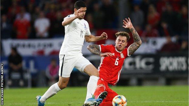 Wales defender Joe Rodon (right) tackles Ramil Sheydaev of Azerbaijan