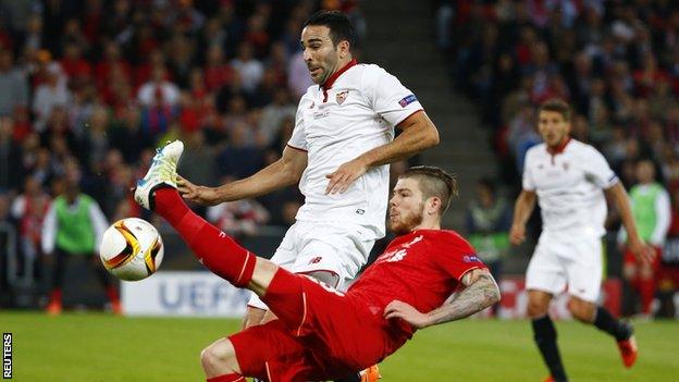 Liverpool left-back Alberto Moreno in action against Sevilla