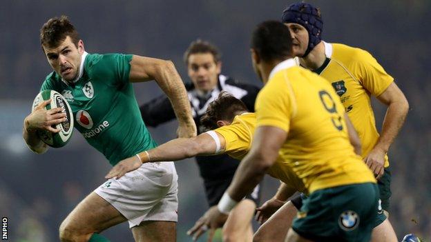 Jared Payne goes clear in last weekend's victory over Australia at the Aviva Stadium