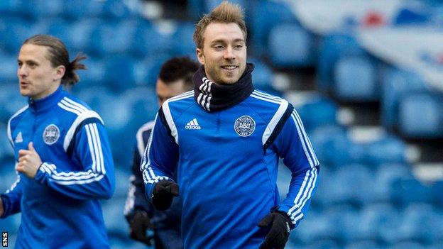 Denmark midfielder Christian Eriksen trains at Ibrox