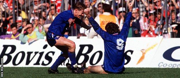 Andy Barlow and Ian Marshall celebrate Oldham's second goal in the FA Cup semi-final